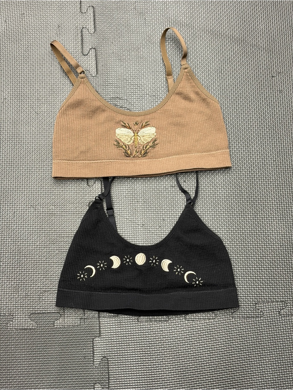 Disturbia Embroidered Butterfly & Moon Bralettes - Tan and Black